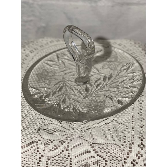 Vintage Clear Glass Tidbits Tray with Handle, Etched Flower Design, 1930's - Picture 1 of 3